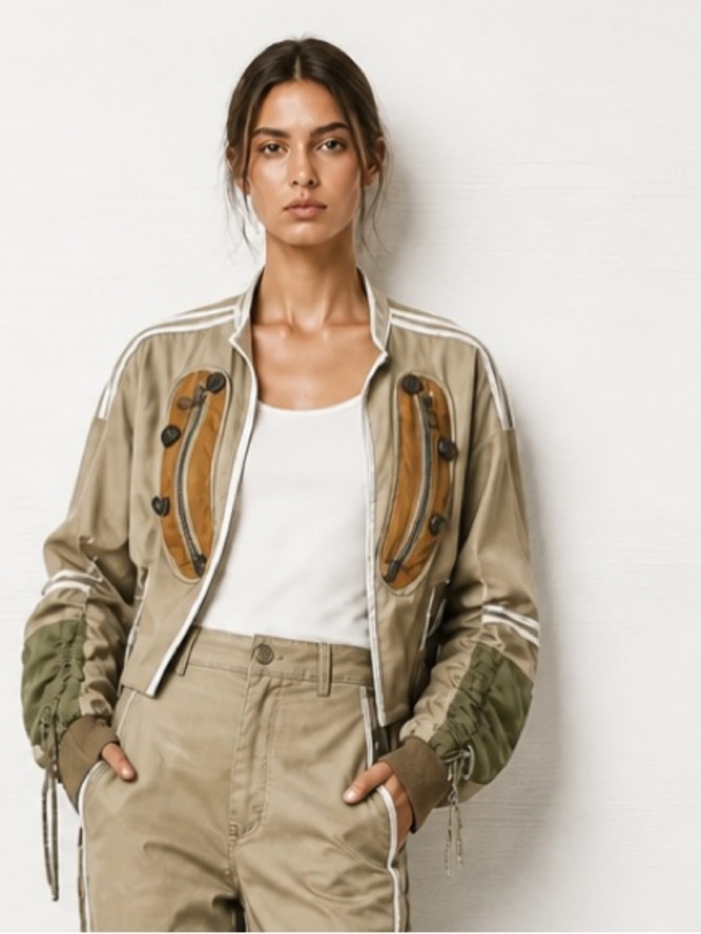AMBER HOLIC Jacket Cropped Military Khaki Olive Green Deconstructed Avant-Garde
